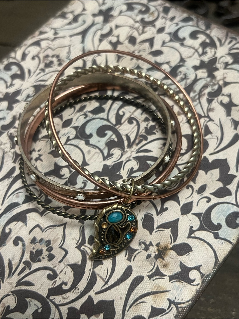 “Vikings” Hand Crafted Rose Gold and Silver Bangle Set with Turquoise Charm